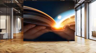 Open book with magical glowing light Wall mural