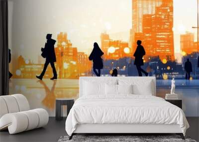 Silhouettes of people walking in a city setting with a blurred background. Wall mural