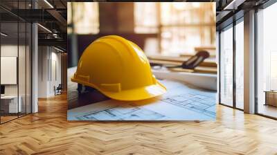 A close-up of a yellow hard hat on construction plans, symbolizing safety and planning in a building project. Wall mural