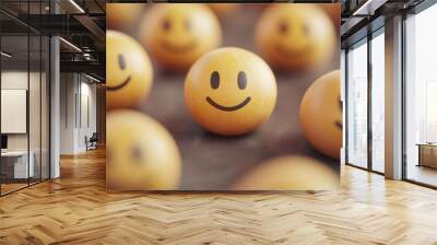 A collection of cheerful yellow smile faces on a textured surface, representing happiness and positivity in various contexts. Wall mural