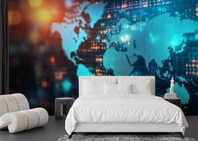 A vibrant digital world map with glowing connections, symbolizing global communication and technology in a modern design. Wall mural