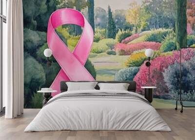 A vibrant garden scene featuring a pink ribbon symbolizing awareness and hope among colorful flowers and trees. Wall mural