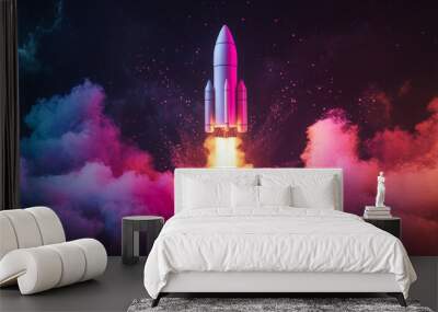 A vibrant rocket launching into space, surrounded by colorful smoke and cosmic elements, symbolizing exploration and innovation. Wall mural