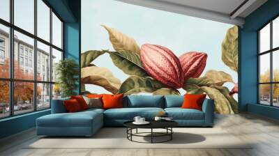 Beautiful botanical illustration featuring vibrant cocoa pods among lush green leaves on a soft pastel background. Wall mural