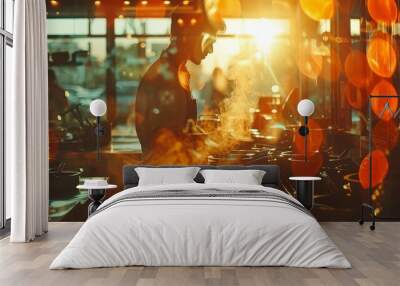 Chef cooks in a vibrant, bustling kitchen during sunset, with steam rising from food creating a warm, atmospheric setting with bokeh lights. Wall mural