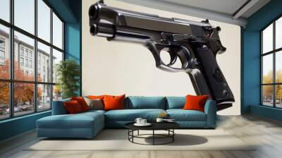 Close-up view of a sleek, modern handgun showcasing craftsmanship and design details in a minimalistic environment. Wall mural