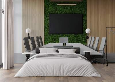 Modern conference room with green wall, large table, and comfortable chairs. Wall mural