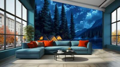 Painting of a serene campsite by the lake under a bright moon, surrounded by towering trees and majestic mountains, perfect for a peaceful getaway. Wall mural