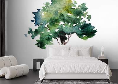 Green tree with leaves. Hand drawn watercolor painting,isolate on white background.Colorful splashing in the paper.It is wet texture with paint brushes stoke.Stylized summer tree. Eco design. Wall mural