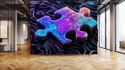 A close-up view of a colorful puzzle piece with holographic patterns, floating in a digital space, reflecting light and shadow in a mesmerizing way, Cyberpunk, Digital Art Wall mural