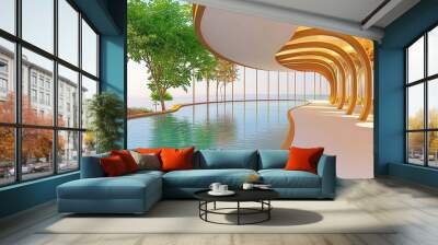 A luxury spa resort designed like interlocking water droplets, with natural light filtering through curved glass walls, Zen, 3D render Wall mural