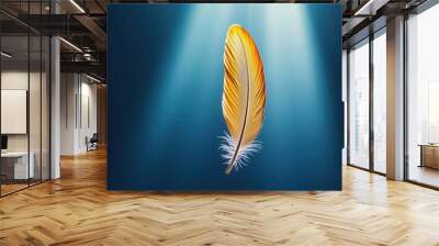 A single feather falling through a beam of light, casting an uncanny shadow, Singular element, Dreamlike, Soft focus, Photography Wall mural