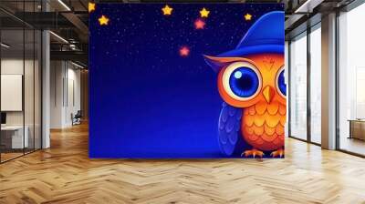 An adorable owl with oversized eyes wearing a wizard hat, fantasy illustration, glowing stars, night sky Wall mural