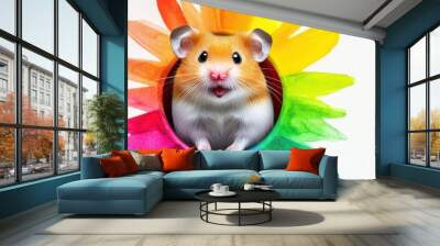 Cheerful hamster inside a colorful wheel, playful energy, watercolor style Wall mural