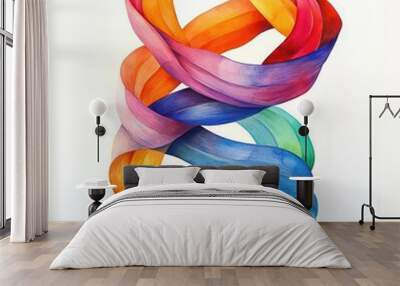 Colorful looped ribbon, intertwined with rainbow gradients, flowing gracefully, watercolor style Wall mural