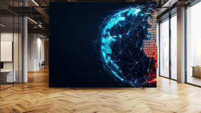 Digital revolution represented by a shattered globe turning into binary code, Abstract, Glowing Hologram, Dark Background, Technological Evolution Wall mural