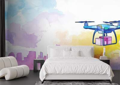 Drone delivering packages, sky filled with technology, urban setting, watercolor style Wall mural