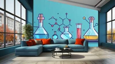 molecules structure in laboratory flat design top view chemistry research theme cartoon drawing vivid Wall mural