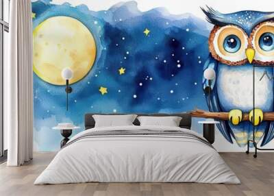 Whimsical owl, perched on a moonlit branch, starry night sky, watercolor style Wall mural