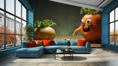  A dialogue between a carrot and a potato debating their importance in a salad ai-generated Wall mural