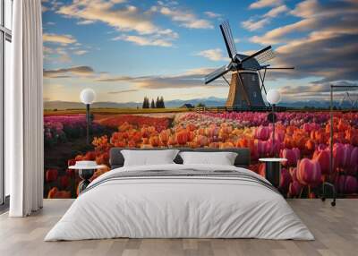 A charming wooden windmill surrounded by tulip fields, with the vibrant flowers creating a picturesque and iconic springtime scene, windmill, mill, wind, sky, dutch, landscape Wall mural