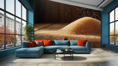 Psyllium husk granules scattering on wooden table, rustic health theme, 3D illustration Wall mural