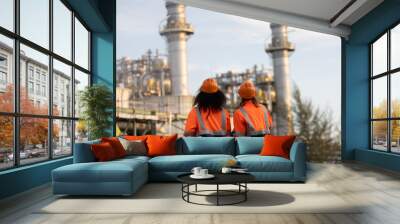 Two brilliant female engineers engaged in a dynamic discussion at a bustling refinery plant in the heart of the industry. Embracing diversity and driving innovation in engineering. Wall mural