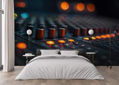 A close-up view of an audio mixing console with illuminated buttons and knobs, capturing the vibrant ambiance of a recording studio. Wall mural