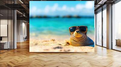 A cool sea turtle wearing sunglasses relaxing on a sunny beach with a vibrant ocean backdrop. Wall mural