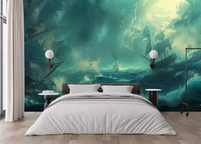 A dark and stormy sea with two pirate ships battling it out. Wall mural