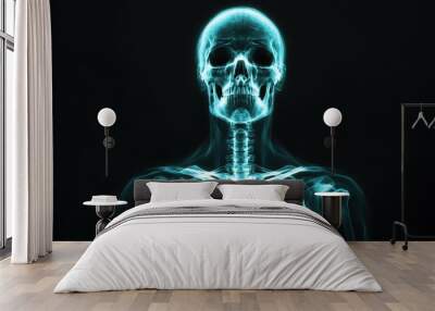 A detailed x-ray image of a human skeleton showcasing the intricate bone structure and anatomy against a dark background. Wall mural