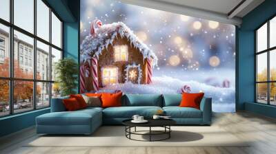 A gingerbread house with candy canes and lights sits on a snowy background. Wall mural