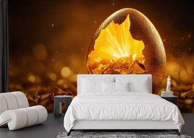 A glowing egg cracks open, revealing a bright light within. Wall mural