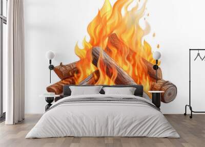 A realistic campfire on a transparent background. The fire is made of logs and has a bright orange flame. Wall mural