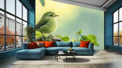 A small green bird perches gracefully on a mossy branch, surrounded by lush leaves and soft natural light. Wall mural