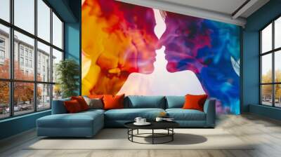 Abstract portrait of two women in vibrant colors, symbolizing unity and connection. Wall mural