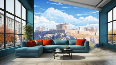 Ancient city perched on a hilltop under a bright blue sky with puffy clouds. Wall mural