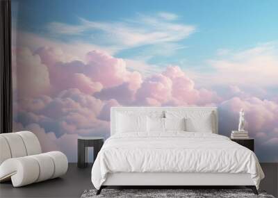 Beautiful fluffy pink cloudscape with a gradient blue sky. Wall mural