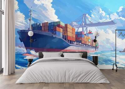 Cargo ship sailing on blue ocean under a cloudy sky. Wall mural