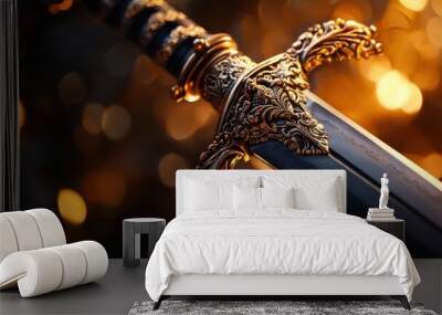 Close-up of an ornate sword with a golden hilt, shimmering against a blurred warm background. Perfect for fantasy themes. Wall mural