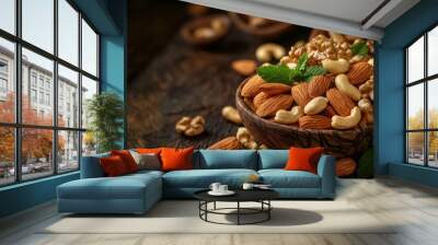 Close-up of assorted nuts in wooden bowls, accented with fresh mint on a rustic wooden surface, perfect for healthy snack inspiration. Wall mural