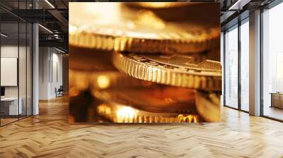 Close-up of stacked gold coins with a warm glow, representing financial prosperity, wealth, and economic success. Wall mural