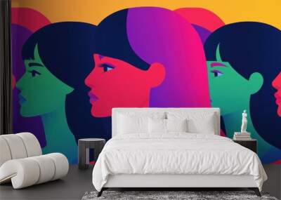 Colorful abstract representation of diverse female profiles in a vibrant artistic style. Wall mural