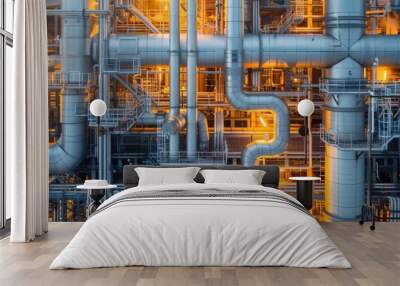 Complex industrial pipeline network with illuminated pipes and metallic structures in a factory setting, showcasing engineering and industry. Wall mural