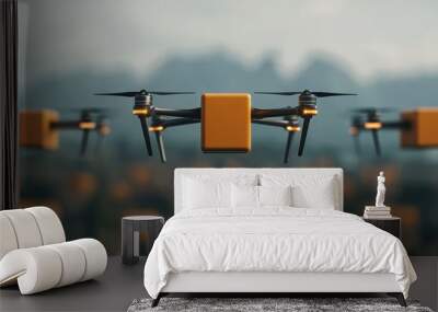 Drones flying over a landscape, showcasing modern technology and delivery capabilities. Wall mural