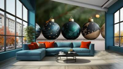 Elegant Christmas ornaments in various colors, set against a blurred festive background. Wall mural