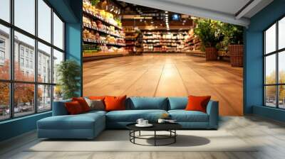 Empty aisle in a grocery store with wooden floor and shelves. Wall mural