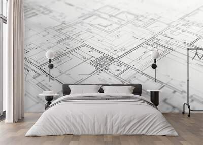 High-detail architectural blueprint showing structural plans and technical drawings for construction, design, project planning, and engineering. Wall mural