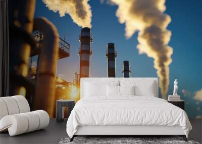 Industrial factory with smokestacks emitting steam against a blue sky, showcasing energy production. Wall mural