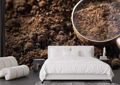 Magnifying glass over soil background. Soil structure and texture concept. Wall mural